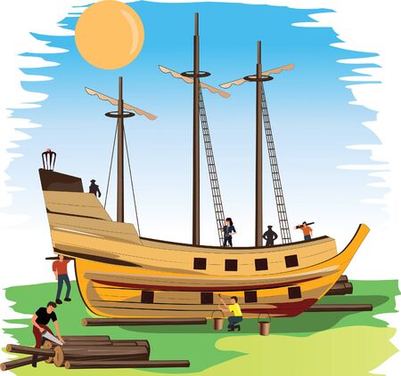 Building a wooden boat or old style ship with people who workのイラスト素材