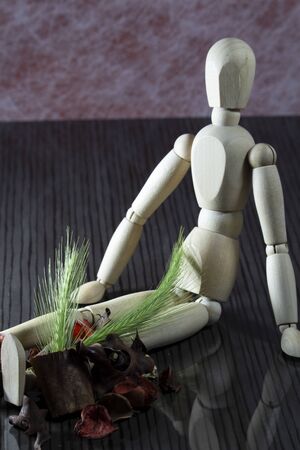 Wooden doll with fresh cereal stalks on the legs, many dried spring fruits lie next to itの写真素材