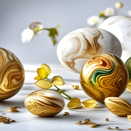 Easter eggs decorated with gold and white flowers on a light backgroundの素材