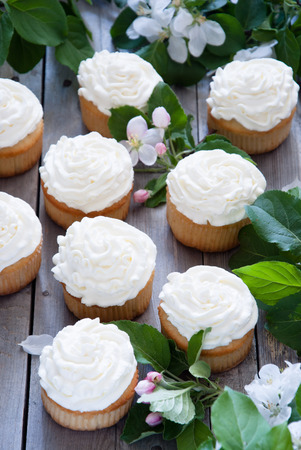 Cupcakes with butter cream and spring white flowers on gray wooden backgroundの写真素材