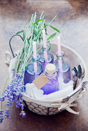 Lavender Lemonade and syrup in the basket at Farmers Market on a wooden backgroundの写真素材