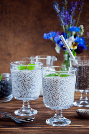 Chia seeds yogurt pudding in glasses for breakfastの写真素材