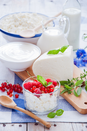 Cottage cheese, sour cream, cheese, cream, yogurt and milkの写真素材