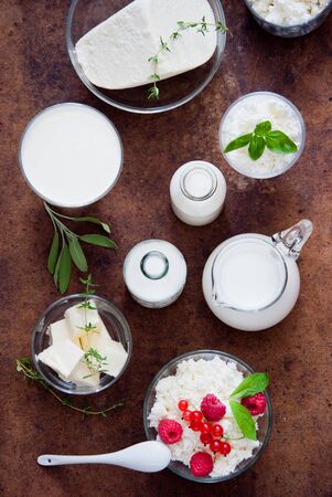 Cottage cheese with red berries and Natural dairy productsの写真素材