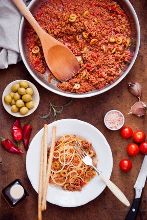 Homemade Pasta Spaghetti with meat and tomato sauceの写真素材
