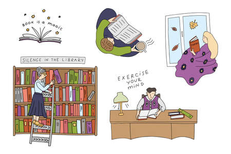 Book reading concept illustration set. Collection of doodle style book illustrationのイラスト素材