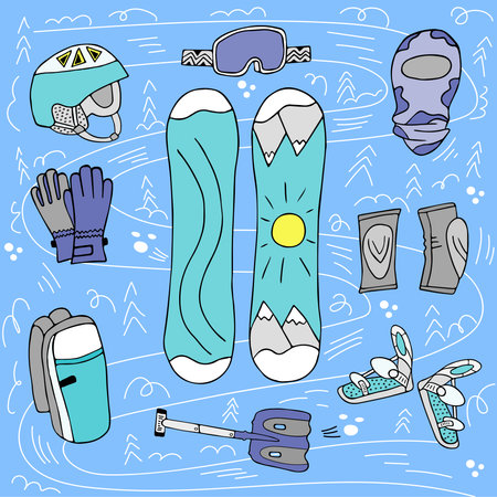 Snowboarding equipment set vector illustration on blue background with curls and herringbonesのイラスト素材