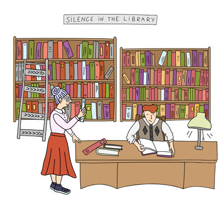 Guy reading book in the libraryのイラスト素材