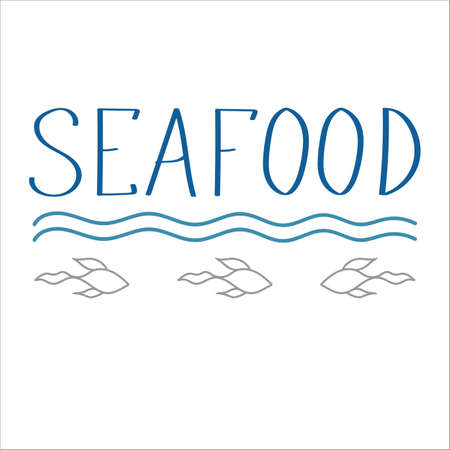 Seafood lettering logo with fish and wave on background. vector illustrationのイラスト素材