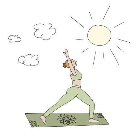 Girl practice yoga on the mat. Hero pose. Doodle vector illustration in green colorのイラスト素材