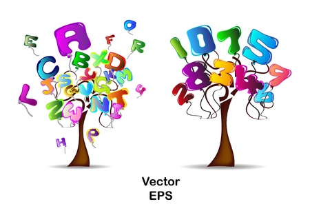Trees with balloons in the shape of letters and numbersのイラスト素材