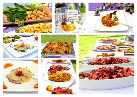 Collage Menu - rich banquet with several courses of appetizersの写真素材