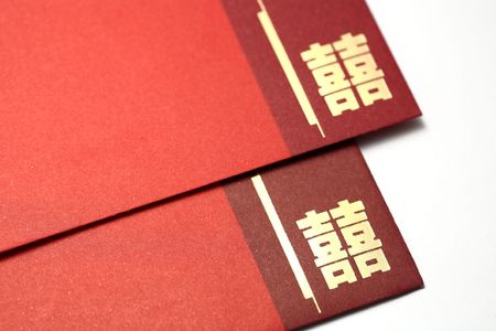 Red chinese wedding invitation cardの写真素材