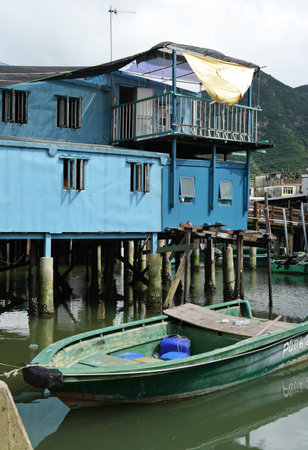 Tai O fishing village with stilt house and old boatのeditorial素材