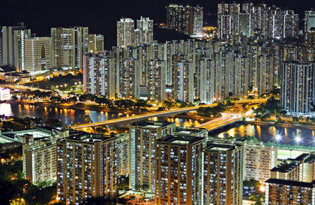 Hong Kong downtown at nightのeditorial素材