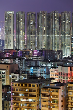 Hong Kong downtown with many building at nightの写真素材