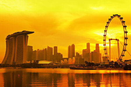 Singapore skyline with golden sunsetのeditorial素材