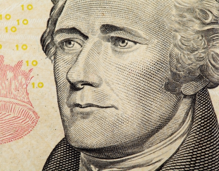 Alexander Hamilton on US ten dollars bank note close upの写真素材