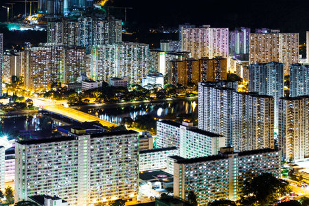 Public housing in Hong Kong at nightのeditorial素材
