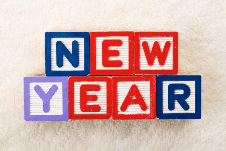 New year wooden toy blockの写真素材