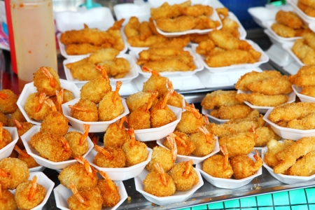 Fried prawns in street marketの写真素材