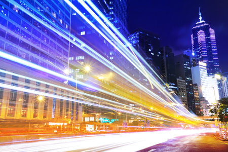 Hong Kong city with traffic trailのeditorial素材