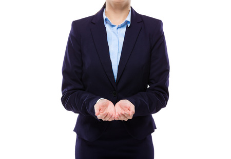 Businesswoman with two hand presenting somethingの写真素材