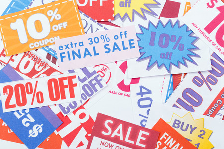 Colorful clipped multi valued grocery couponsの写真素材