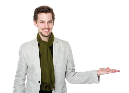 Man with hand show with somethingの写真素材