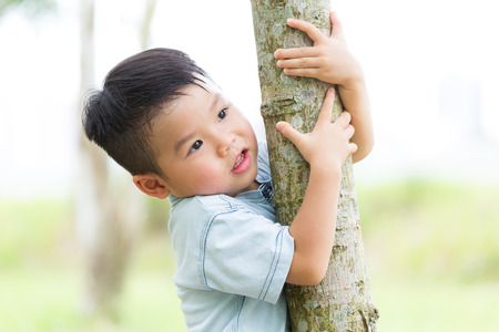 Asian Little boy want to clim up the treeの写真素材