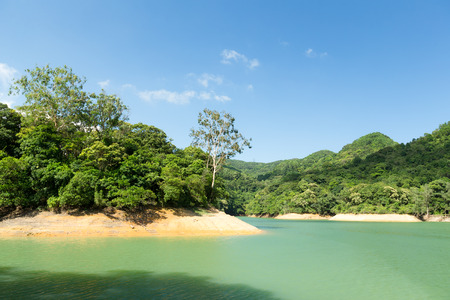 Reservoir with blue skyの写真素材