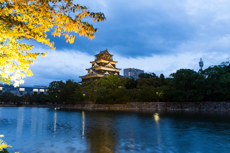 Japanese Hiroshima castle at nightのeditorial素材