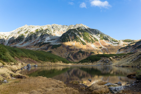 Mikurigaike Pond and reflection of mountainの写真素材