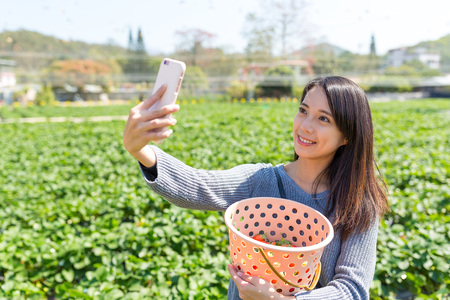 Woman taking selfie on cellphone with her strawberryの写真素材
