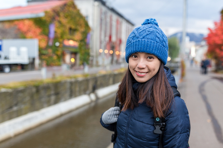 Woman travel in Otaru cityの写真素材