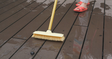 Splashing water and brushing on floor 