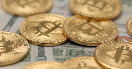 Pile of Bitcoin and USDの写真素材