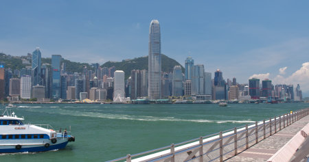 Victoria Harbour, Hong Kong 13 April 2018:- Hong Kong landmark in the evening