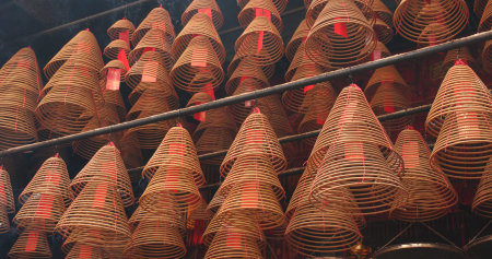 Tai Po, Hong Kong, 12 April 2018:- Man Mo Temple in Hong Kong with incense offeringsのeditorial素材