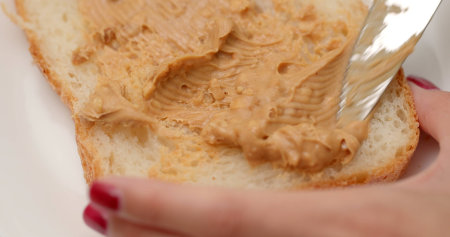 Applying peanut butter on white breadの写真素材