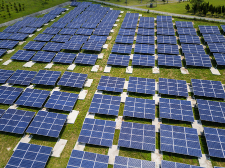 Drone fly over solar power stations plant