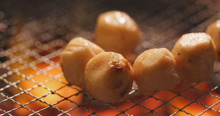 Barbecue metal net with fish ballの写真素材