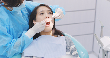 Woman undergo check up of tooth in dental clinicの写真素材