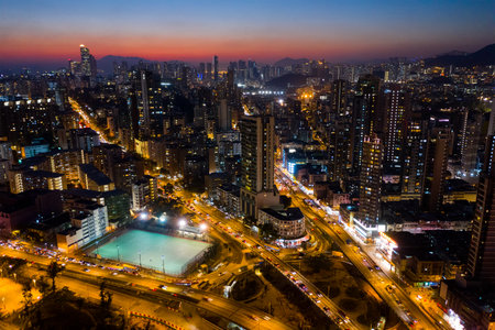 To Kwa Wan, Hong Kong, 29 January 2019: Top view of Hong Kong downtown city at night