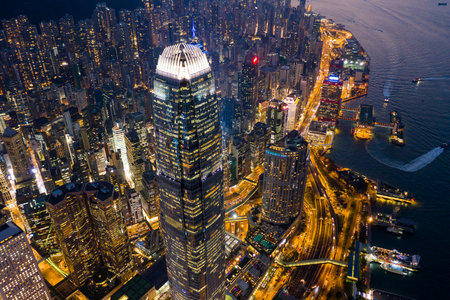 Central, Hong Kong, 04 October 2018:- Top view of Hong Kong business district at nightのeditorial素材