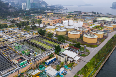 Sha Tin, Hong Kong 17 March 2019: Top view of Hong Kong Sewage treatment plantのeditorial素材