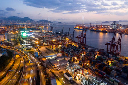 Kwai Tsing, Hong Kong, 14 February 2019:- Top view of Hong Kong Kwai Tsing Container Terminals at nightのeditorial素材