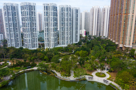 Tin Shui Wai, Hong Kong, 02 February 2019: Top view of Hong Kong apartment building and parkのeditorial素材