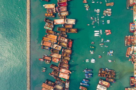 Tuen Mun, Hong Kong 14 September 2018:- Top view of typhoon shelterのeditorial素材