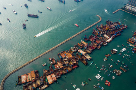 Tuen Mun, Hong Kong 14 September 2018:- Top view of typhoon shelterのeditorial素材
